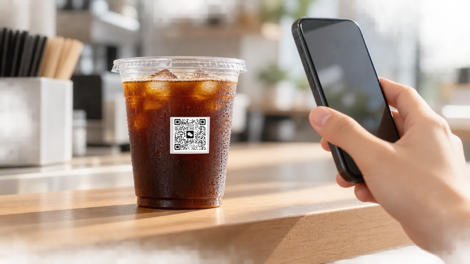 Clear cold-drink cup with a QR code area being reviewed with a smartphone before print approval