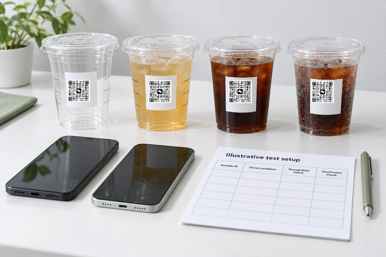 Illustrative filled-cup QR review showing sample identity, beverage conditions and separate scan and destination checks