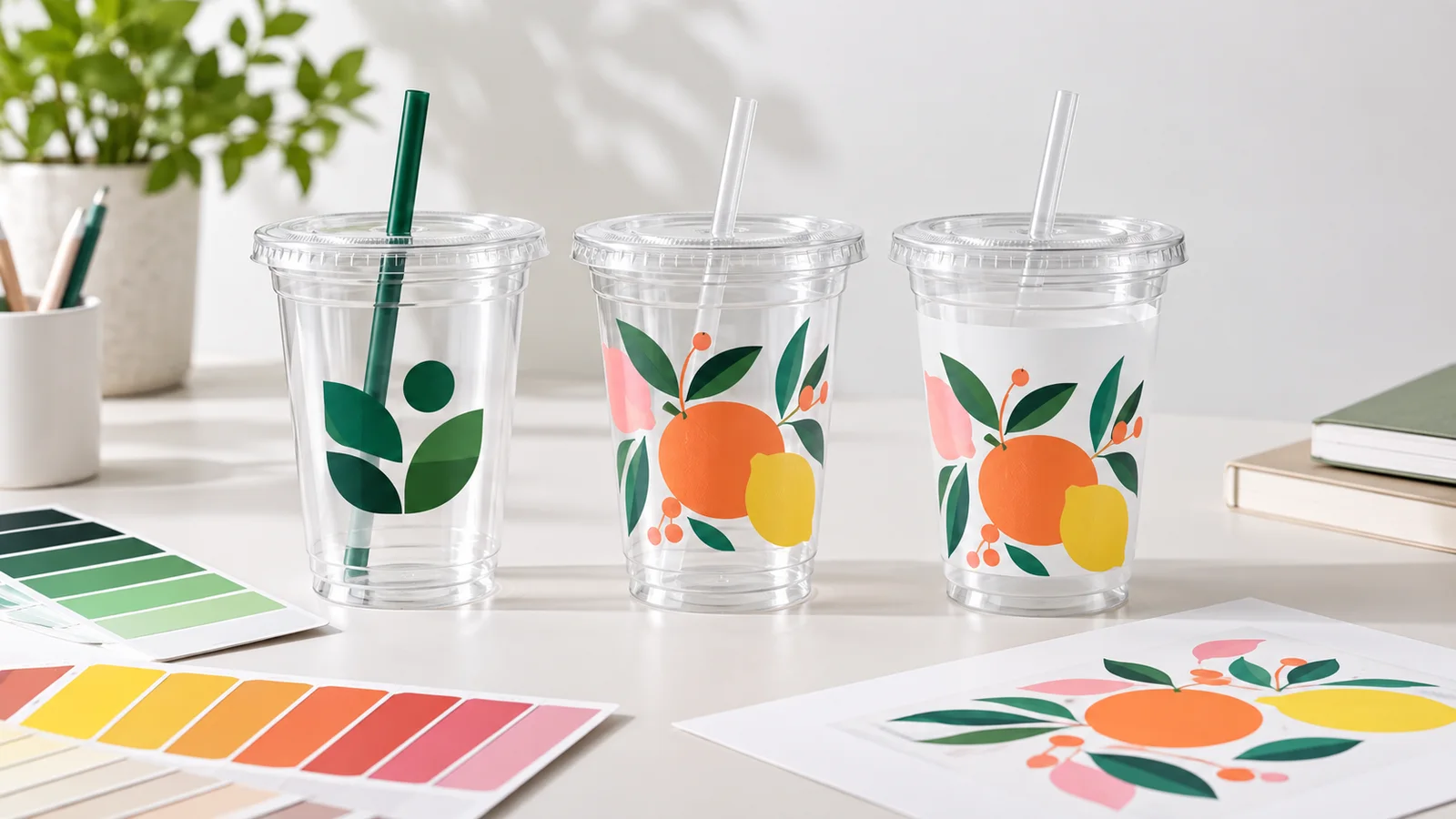 Clear beverage cups with a simple brand mark and multicolor artwork beside generic color reference cards