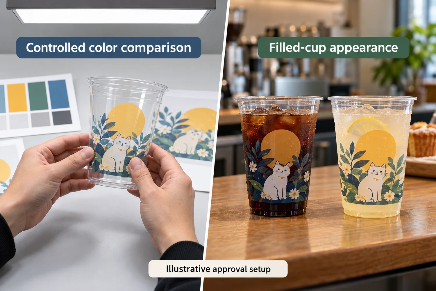 Illustrative color review with a reference sample, printed clear cup and separate filled-cup appearance check