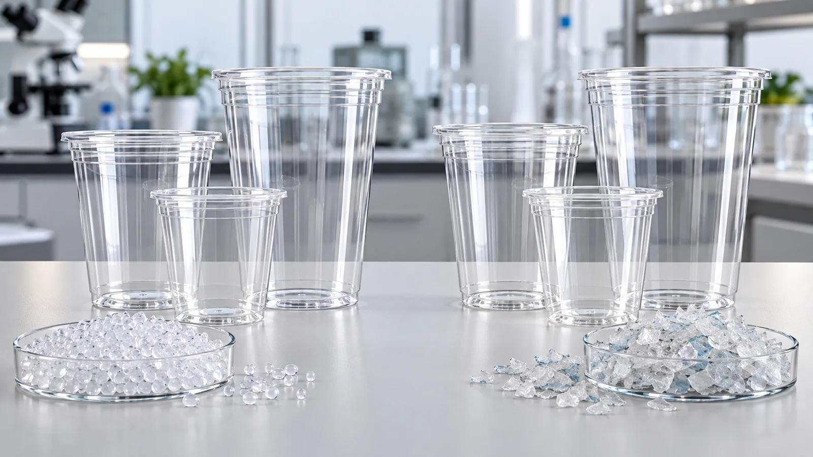 Virgin PET and rPET clear cold cups compared for PCR content, food-contact suitability and B2B procurement