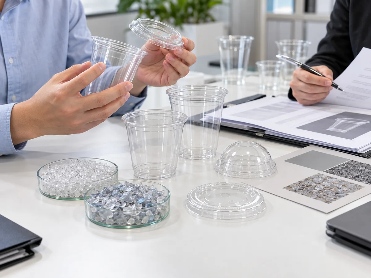 B2B buyer reviewing rPET cup samples, lid fit, PCR specification and documentation before approval