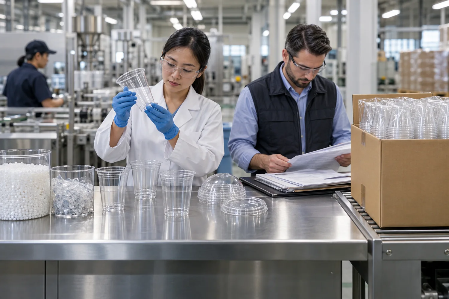 rPET cup procurement workflow connecting PCR requirements, finished-cup approval and recycled-content documentation
