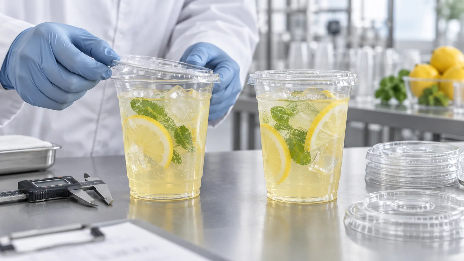 Quality-control comparison of a plastic cold-cup lid lifting at one edge and a correctly seated matching lid