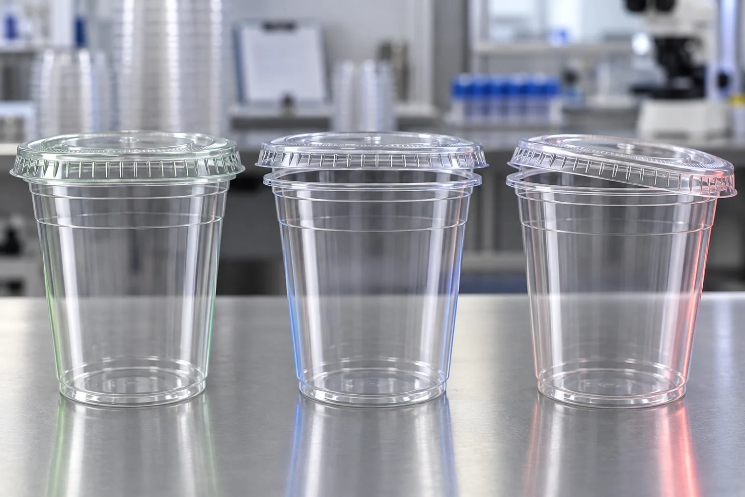 Three clear plastic cups showing a correctly engaged lid, a loose mismatched lid and a lid seated unevenly on the rim