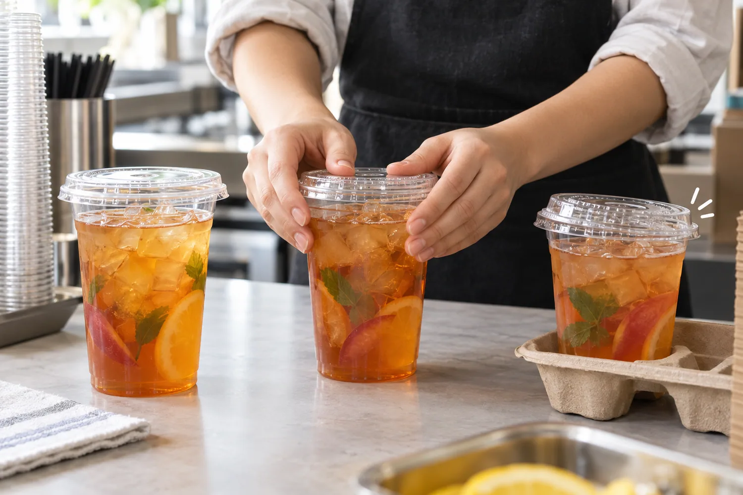 Foodservice worker pressing around a plastic cup lid while comparing correctly seated and lifted lid edges