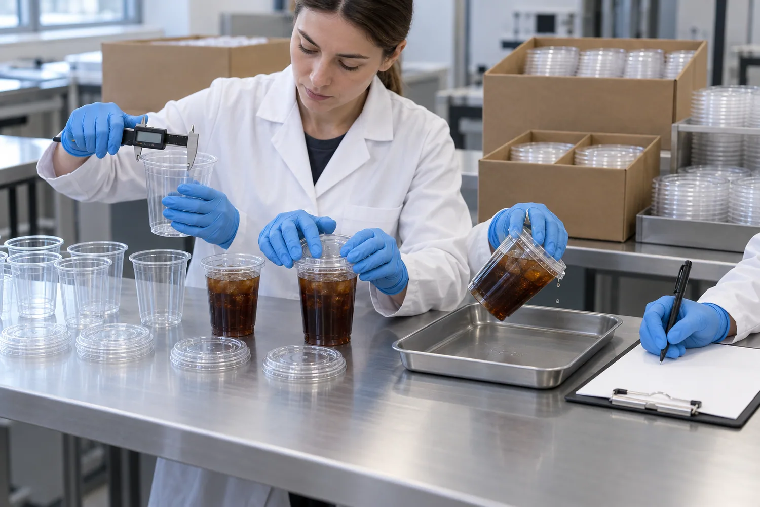 Packaging quality-control team measuring cup rims, seating lids and testing filled cold cups over a catch tray