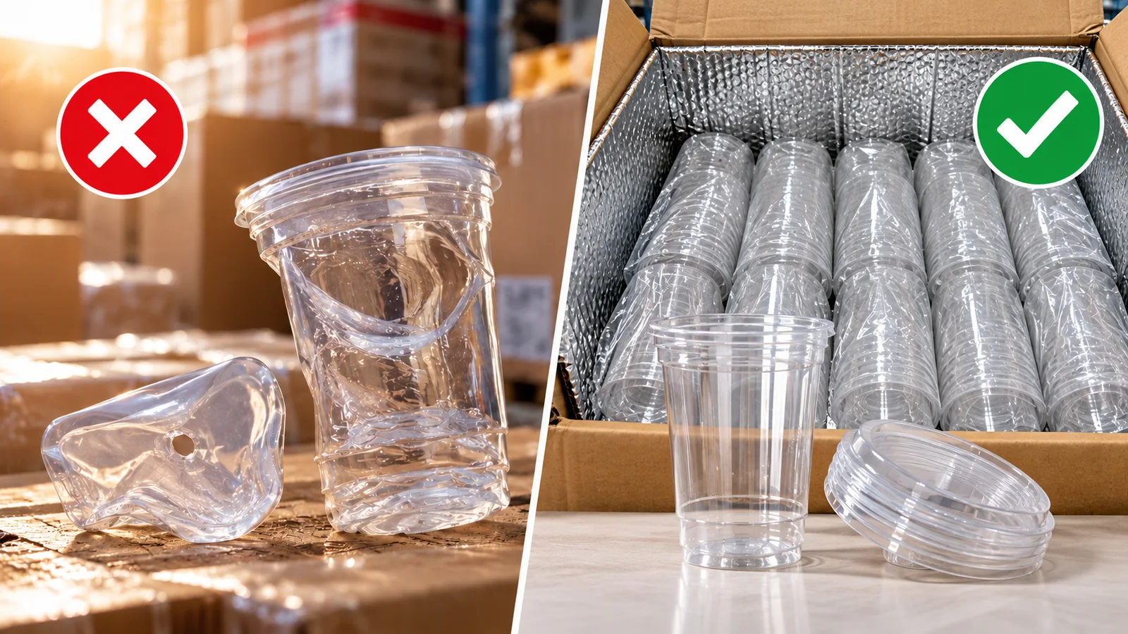 Heat-deformed clear PLA cups beside intact cups packed in a carton with an insulated liner