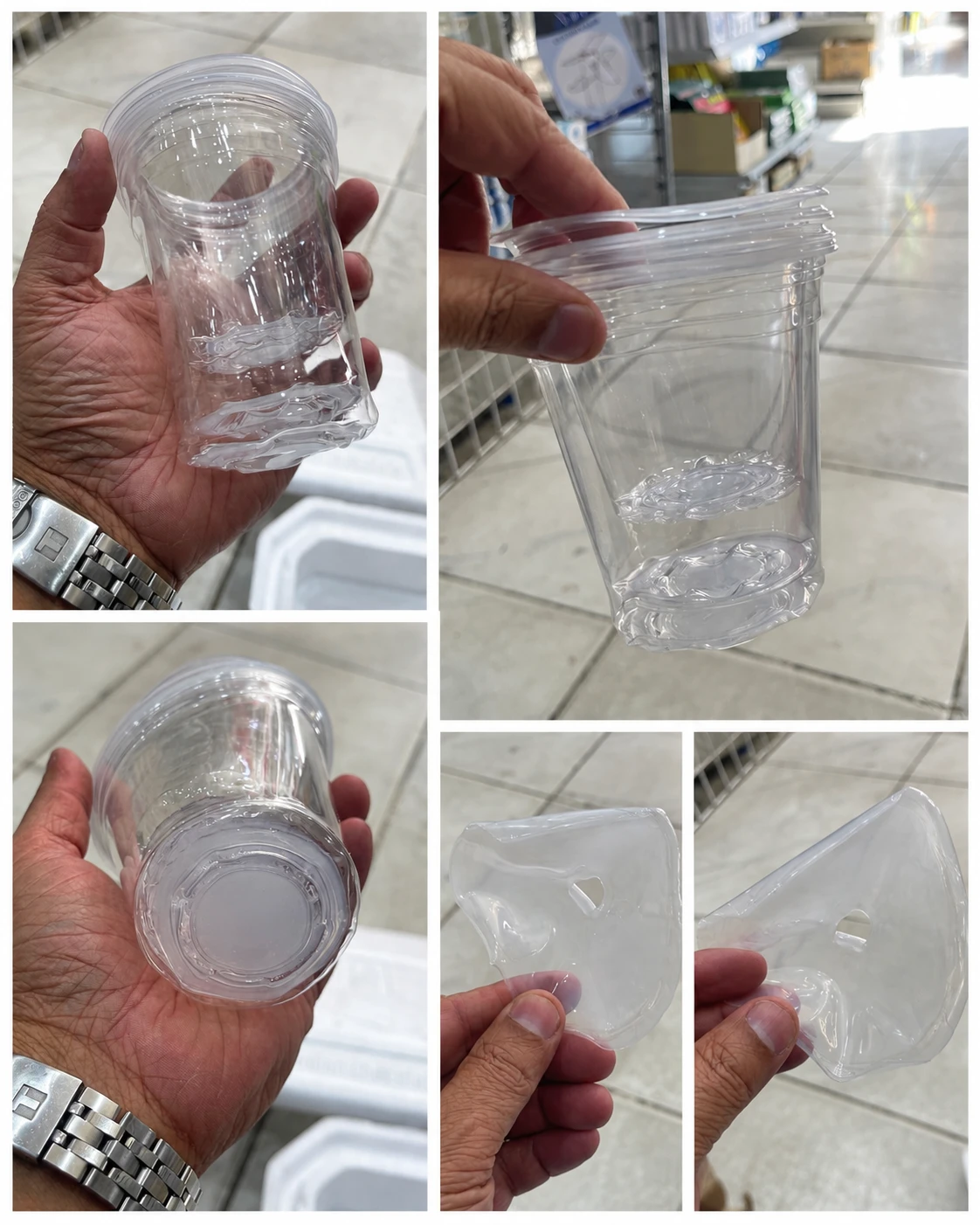 Real customer photos showing softened and deformed clear PLA cups and lids after shipment without thermal insulation