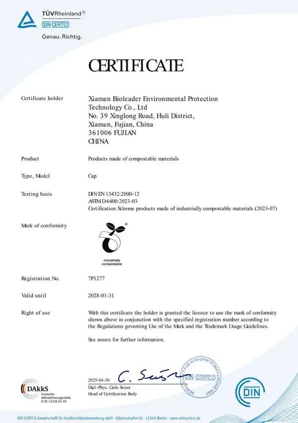 ASTM D6400 certificate thumbnail for Bioleader Cups