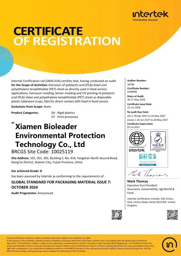 BRCGS certificate thumbnail for Bioleader Cups