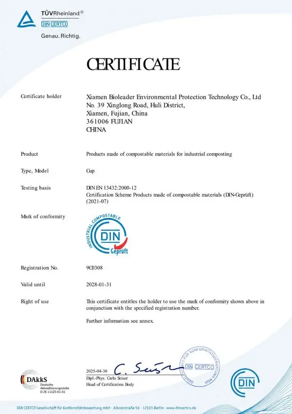 DIN EN13432 certificate thumbnail for Bioleader Cups