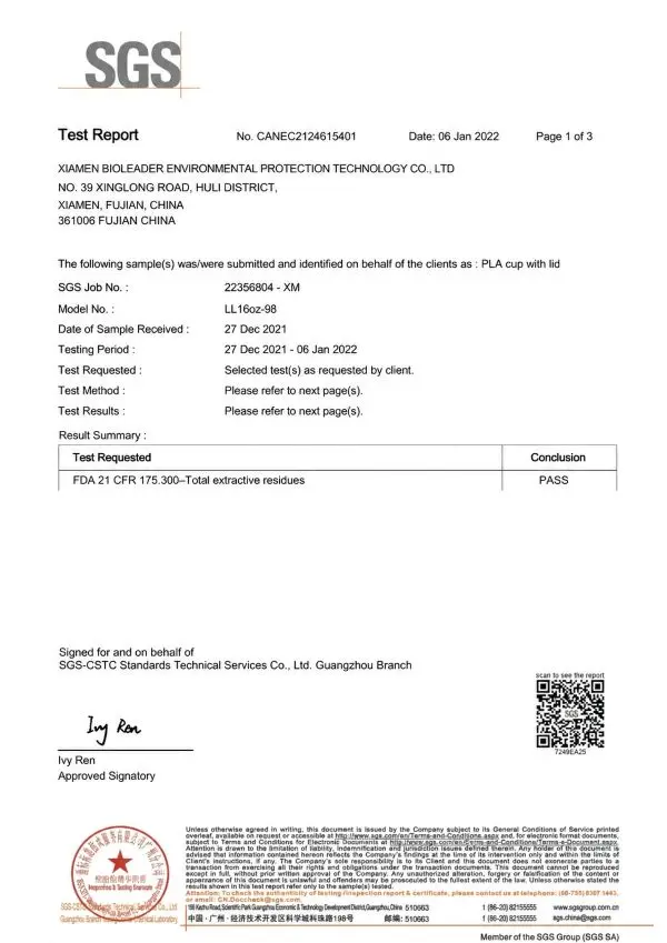 FDA 21 CFR certificate thumbnail for Bioleader Cups