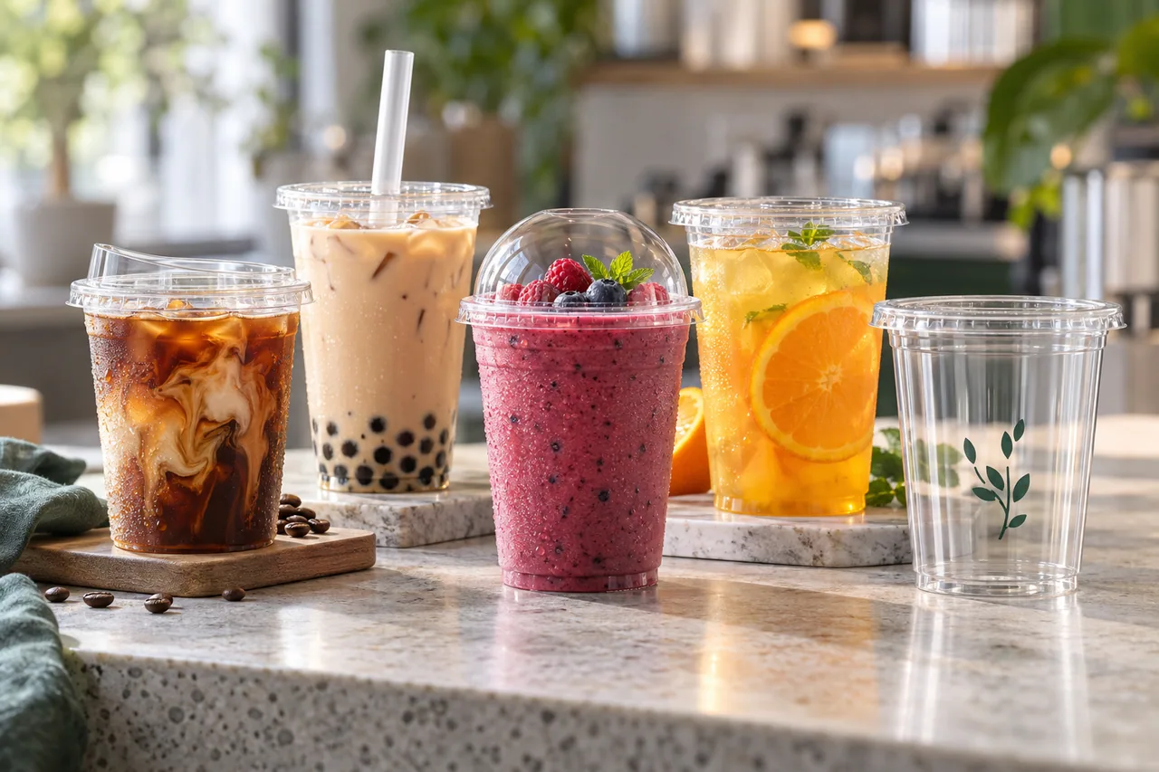 Clear cold cups with iced coffee, milk tea, a berry smoothie and citrus fruit tea