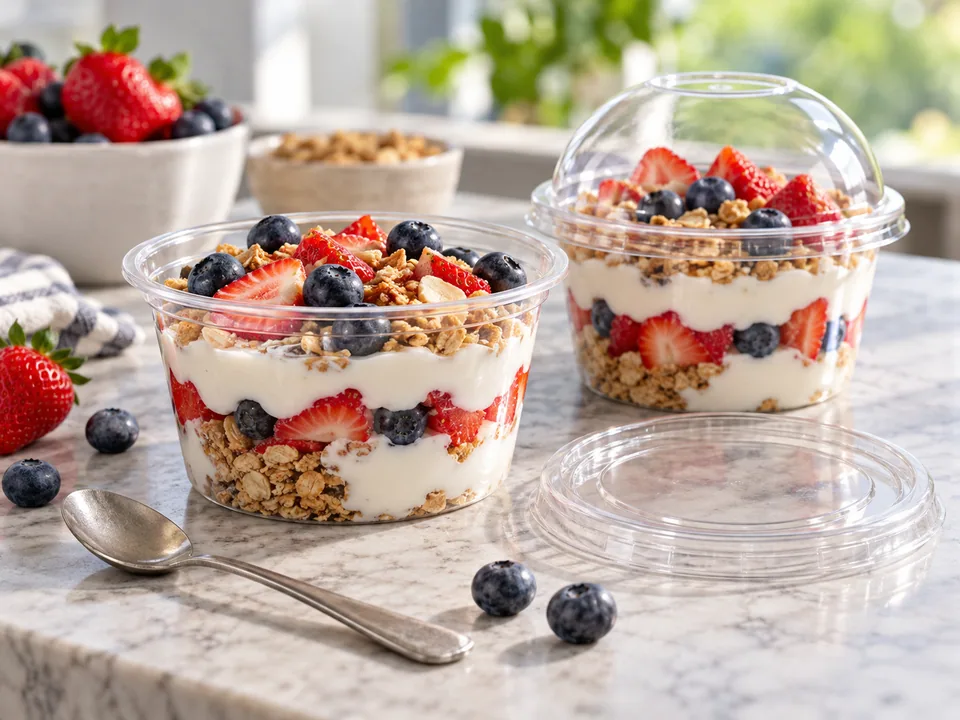 Wide-mouth cups with yogurt, granola and berries, with flat and dome lids