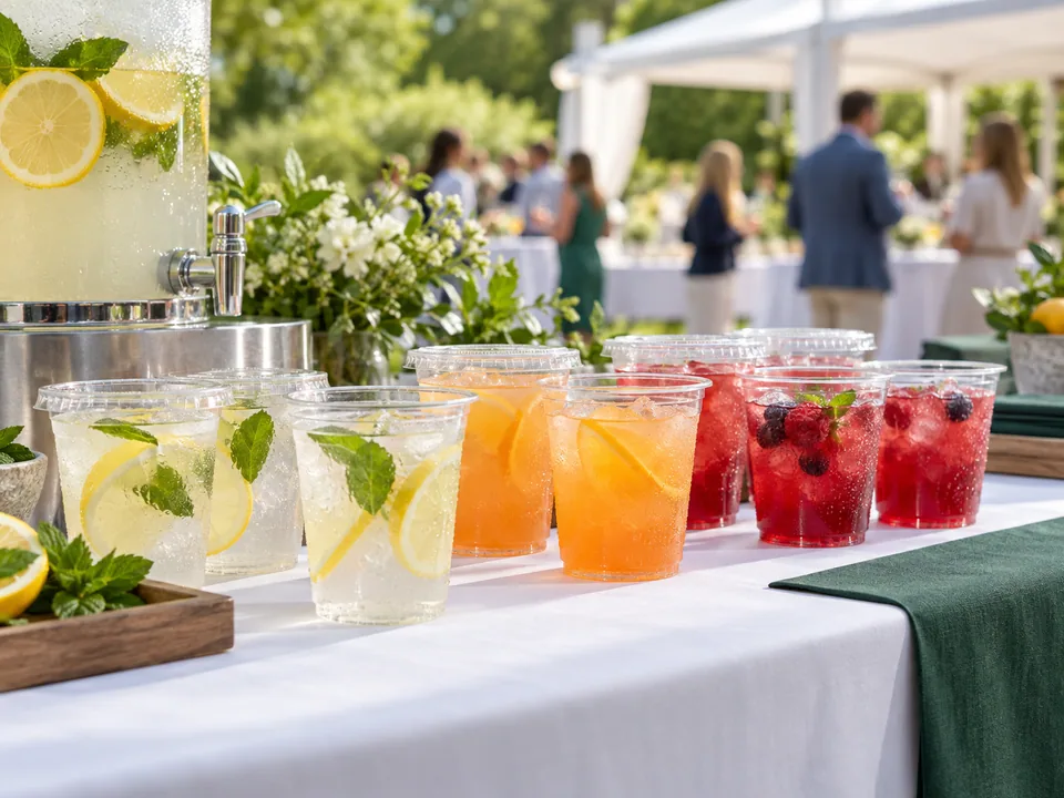 Clear citrus and berry drink cups on an outdoor catering table