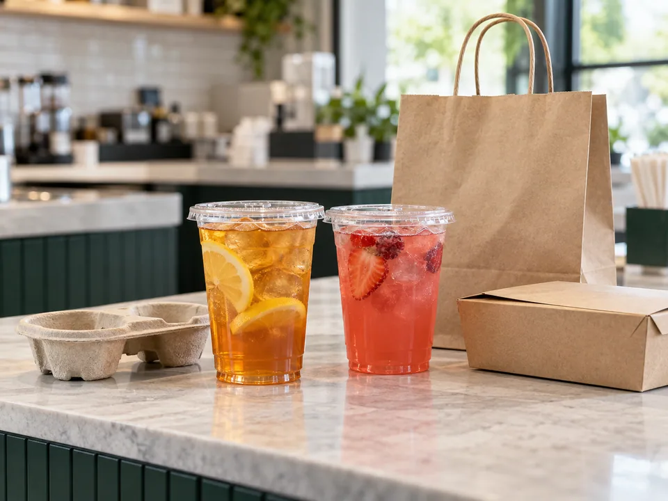 Cold drink cups beside a takeaway bag, food box and cup carrier